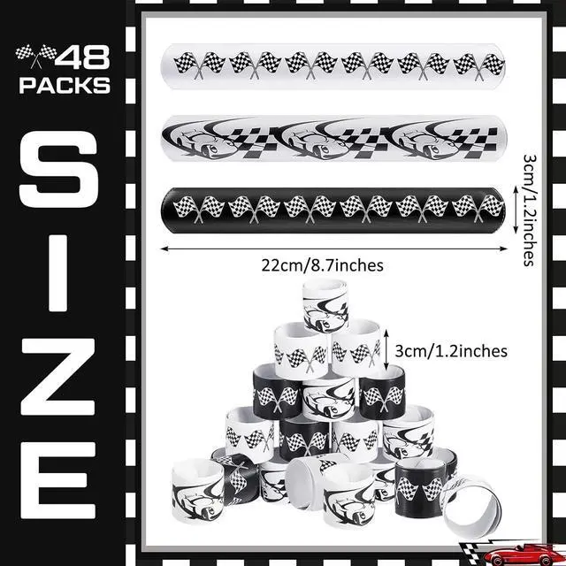 Alt view image 2 of 7 - Lewtemi 48 Pcs Race Car Party Favors Slap Bracelets, Racing Checkered Flag Slap Bracelet for Kids Adults Speed Car Party Birthday Classroom Prizes Exchanging Gifts Sports Events Supplies