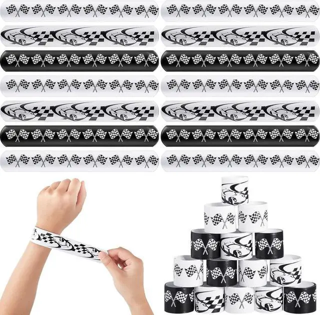 Main image of Lewtemi 48 Pcs Race Car Party Favors Slap Bracelets, Racing Checkered Flag Slap Bracelet for Kids Adults Speed Car Party Birthday Classroom Prizes Exchanging Gifts Sports Events Supplies