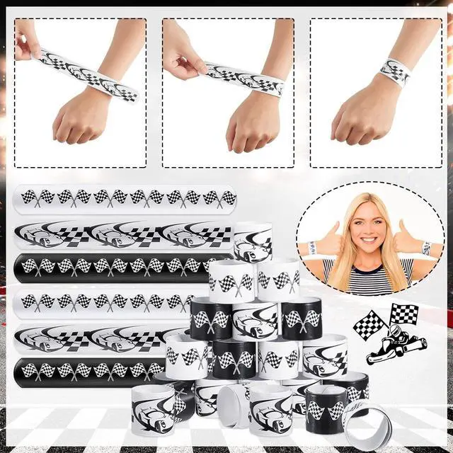 Alt view image 6 of 7 - Lewtemi 48 Pcs Race Car Party Favors Slap Bracelets, Racing Checkered Flag Slap Bracelet for Kids Adults Speed Car Party Birthday Classroom Prizes Exchanging Gifts Sports Events Supplies