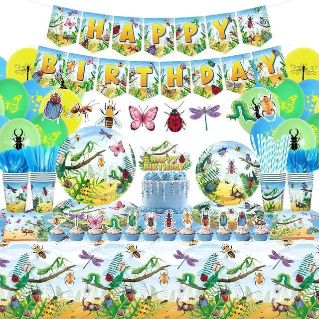 Main image of Bugs Birthday Party Decorations - Insect Party Supplies, Plates Cups Napkins Tablecloth Cutlery Happy Birthday Banner Balloon Cake Toppers for Class Office Garden Reptile Baby Shower