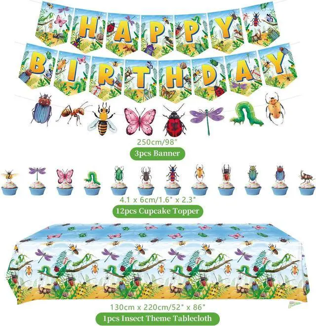 Alt view image 3 of 7 - Bugs Birthday Party Decorations - Insect Party Supplies, Plates Cups Napkins Tablecloth Cutlery Happy Birthday Banner Balloon Cake Toppers for Class Office Garden Reptile Baby Shower