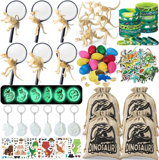 Main image of SNLN 12 Sets Dinosaur Party Favors for Kids Birthday, Magnifying Glasses Luminous Keyring Dino Egg Sticker Dino Party Supplies with Skeleton Toy Silicone Bracelet Gift Bag Dino Theme Stuffer Fillers