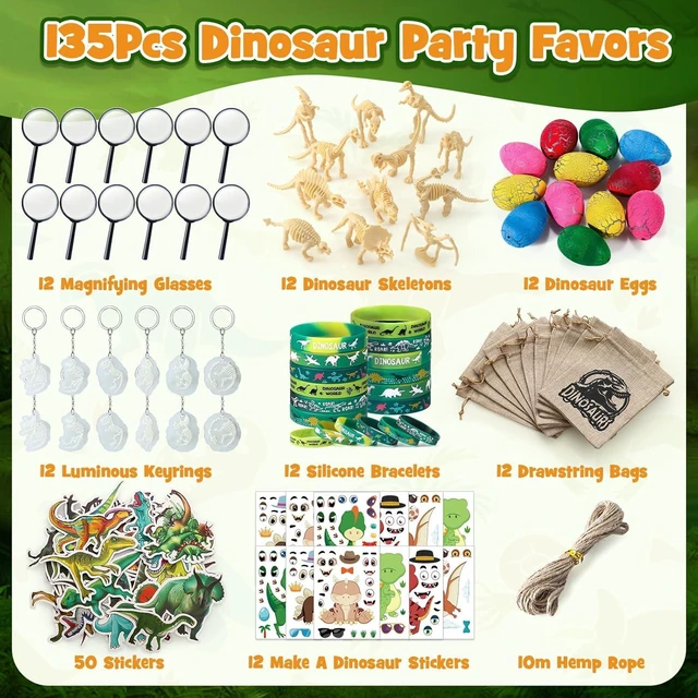 Alt view image 2 of 7 - SNLN 12 Sets Dinosaur Party Favors for Kids Birthday, Magnifying Glasses Luminous Keyring Dino Egg Sticker Dino Party Supplies with Skeleton Toy Silicone Bracelet Gift Bag Dino Theme Stuffer Fillers