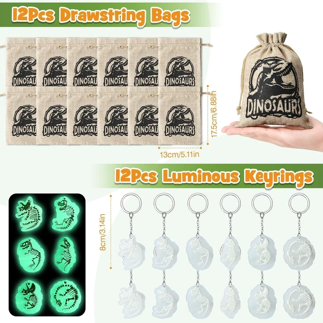 Alt view image 4 of 7 - SNLN 12 Sets Dinosaur Party Favors for Kids Birthday, Magnifying Glasses Luminous Keyring Dino Egg Sticker Dino Party Supplies with Skeleton Toy Silicone Bracelet Gift Bag Dino Theme Stuffer Fillers