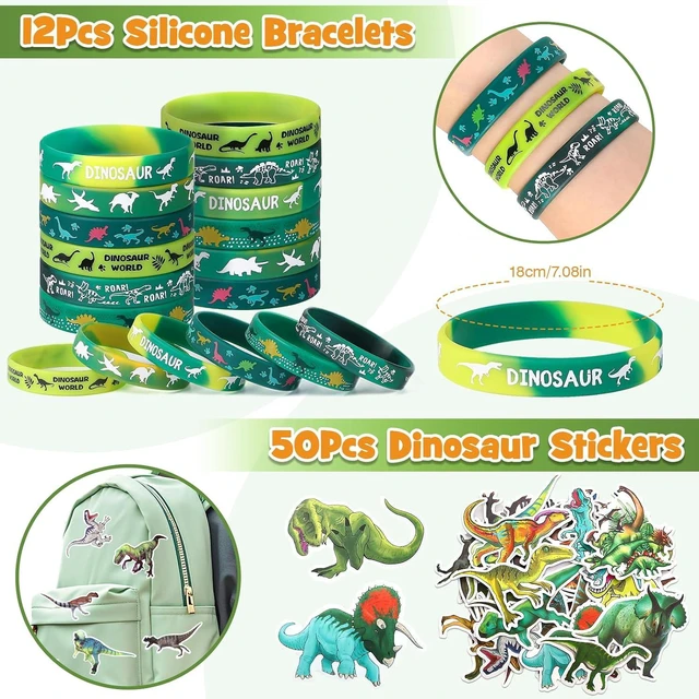 Alt view image 6 of 7 - SNLN 12 Sets Dinosaur Party Favors for Kids Birthday, Magnifying Glasses Luminous Keyring Dino Egg Sticker Dino Party Supplies with Skeleton Toy Silicone Bracelet Gift Bag Dino Theme Stuffer Fillers