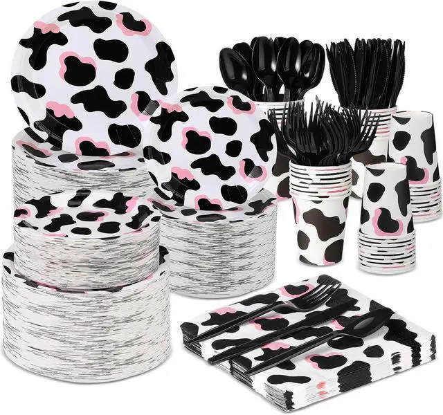 Main image of Domensi 350 Pcs Pink Cowgirl Party Supplies Cow Party Tableware Set Serve 50 Cow Print Plates Napkins Cups Cow Theme Party Decoration for Cowgirl Cowboy Farm Animal Cow Theme Birthday Baby Shower
