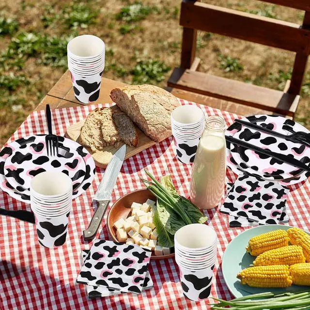 Alt view image 5 of 6 - Domensi 350 Pcs Pink Cowgirl Party Supplies Cow Party Tableware Set Serve 50 Cow Print Plates Napkins Cups Cow Theme Party Decoration for Cowgirl Cowboy Farm Animal Cow Theme Birthday Baby Shower