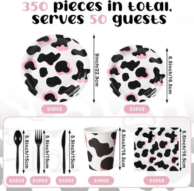 Alt view image 3 of 6 - Domensi 350 Pcs Pink Cowgirl Party Supplies Cow Party Tableware Set Serve 50 Cow Print Plates Napkins Cups Cow Theme Party Decoration for Cowgirl Cowboy Farm Animal Cow Theme Birthday Baby Shower