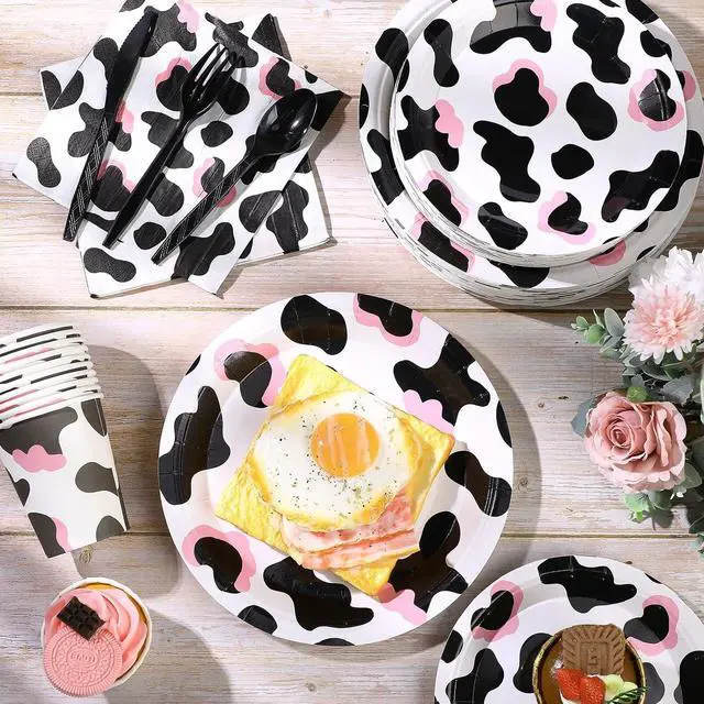 Alt view image 2 of 6 - Domensi 350 Pcs Pink Cowgirl Party Supplies Cow Party Tableware Set Serve 50 Cow Print Plates Napkins Cups Cow Theme Party Decoration for Cowgirl Cowboy Farm Animal Cow Theme Birthday Baby Shower