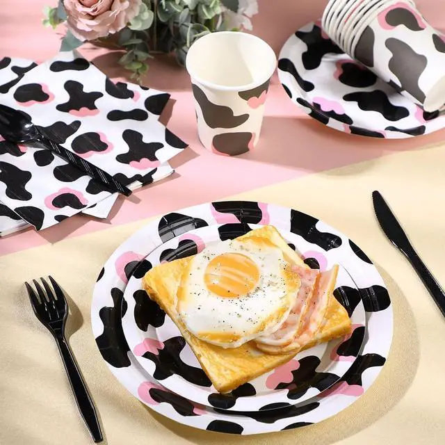 Alt view image 6 of 6 - Domensi 350 Pcs Pink Cowgirl Party Supplies Cow Party Tableware Set Serve 50 Cow Print Plates Napkins Cups Cow Theme Party Decoration for Cowgirl Cowboy Farm Animal Cow Theme Birthday Baby Shower