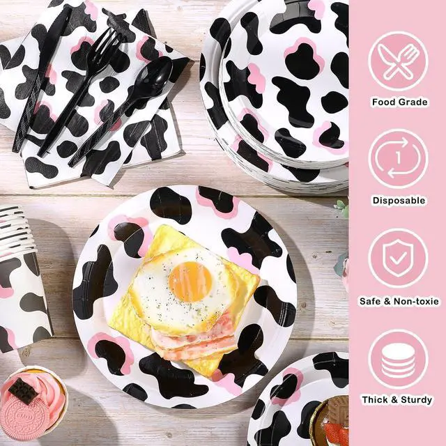 Alt view image 4 of 6 - Domensi 350 Pcs Pink Cowgirl Party Supplies Cow Party Tableware Set Serve 50 Cow Print Plates Napkins Cups Cow Theme Party Decoration for Cowgirl Cowboy Farm Animal Cow Theme Birthday Baby Shower
