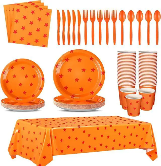 Main image of Oudain 170 Pcs Anime Tableware Set Anime Theme Party Supplies 24 Sets Yellow and Red Stars Print Disposable Plates Napkin Cup Fork Knife Spoon Tablecloth for Anime Party Decorations