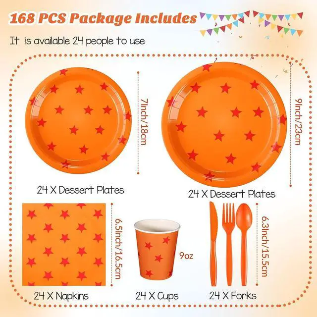 Alt view image 2 of 6 - Oudain 170 Pcs Anime Tableware Set Anime Theme Party Supplies 24 Sets Yellow and Red Stars Print Disposable Plates Napkin Cup Fork Knife Spoon Tablecloth for Anime Party Decorations