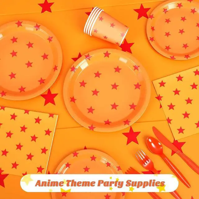 Alt view image 4 of 6 - Oudain 170 Pcs Anime Tableware Set Anime Theme Party Supplies 24 Sets Yellow and Red Stars Print Disposable Plates Napkin Cup Fork Knife Spoon Tablecloth for Anime Party Decorations