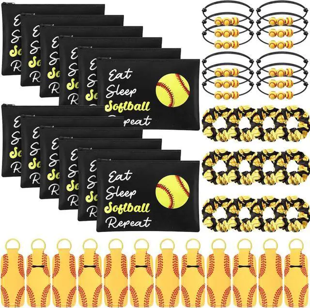 Main image of 48 Pcs Softball Party Gifts for Team Women Favors Softball Makeup Bags Lipstick Holder Keychain Scrunchie Charm Bracelet Women Team Party Decor Supplies