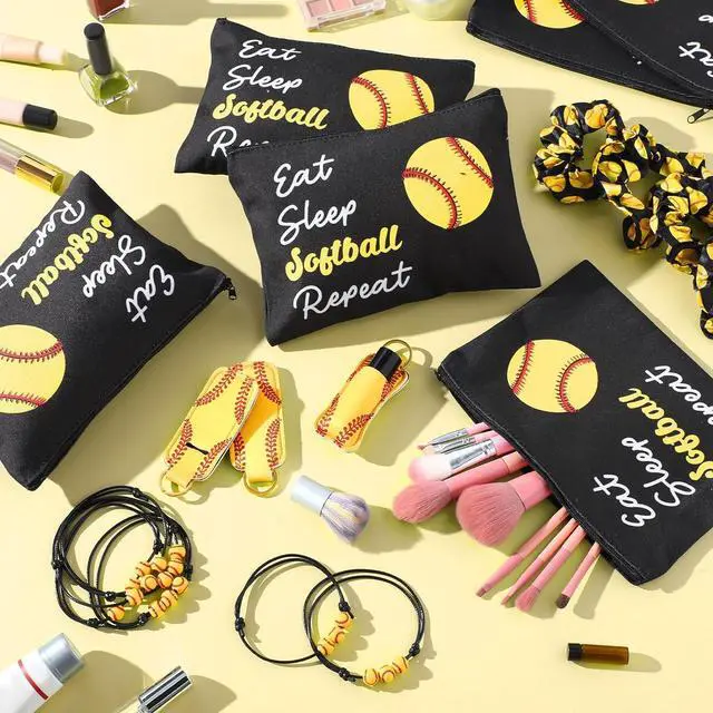 Alt view image 6 of 6 - 48 Pcs Softball Party Gifts for Team Women Favors Softball Makeup Bags Lipstick Holder Keychain Scrunchie Charm Bracelet Women Team Party Decor Supplies