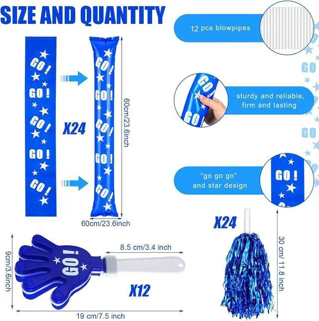 Alt view image 2 of 6 - Hungdao 60 Pcs Noise Makers Homecoming Football Favors Include 24 Thunder Sticks Cheer Sticks 12 Hand Clapper 24 Cheerleading Pom Poms for Sporting Events Pep Rally Supplies(Blue)