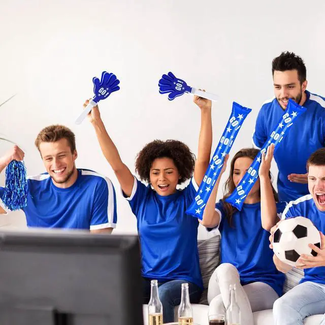 Alt view image 4 of 6 - Hungdao 60 Pcs Noise Makers Homecoming Football Favors Include 24 Thunder Sticks Cheer Sticks 12 Hand Clapper 24 Cheerleading Pom Poms for Sporting Events Pep Rally Supplies(Blue)