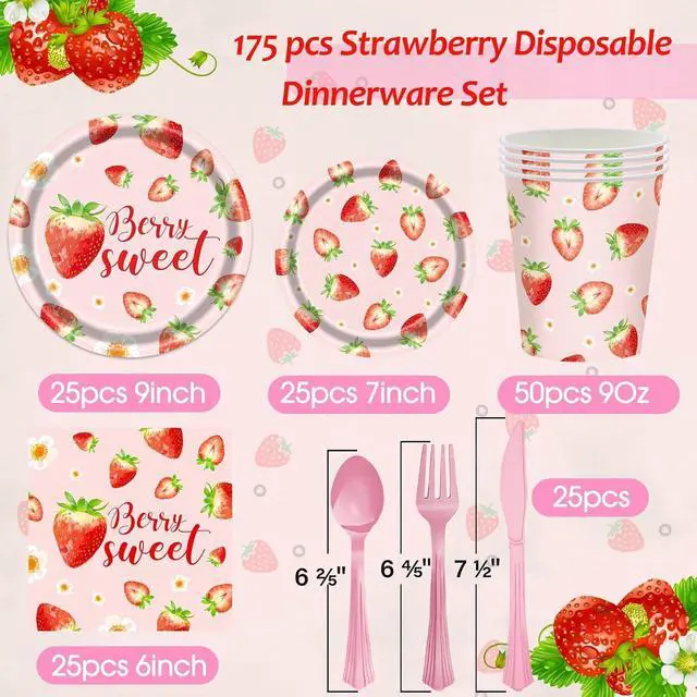 Alt view image 3 of 5 - Strawberry Plates and Napkins Tableware Set - 175 Pcs Strawberry Baby Shower Party Birthday Supplies, Strawberry Shortcake Birthday Decorations for Berry Sweet Baby Shower, Serves 25 Guests