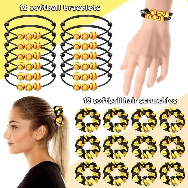 Alt view image 3 of 6 - 48 Pcs Softball Party Gifts for Team Women Favors Softball Makeup Bags Lipstick Holder Keychain Scrunchie Charm Bracelet Women Team Party Decor Supplies