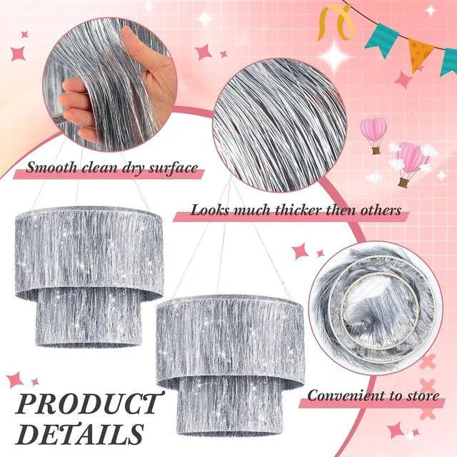 Alt view image 3 of 6 - Rossesay 2 Pcs 2 Tier Fringe Tinsel Chandelier Iridescent Foil Party Disco Ball Decor Chandelier Decoration Metallic Foil Shimmering Bachelorette Party Decor Photo Booth Supplies(Silver)