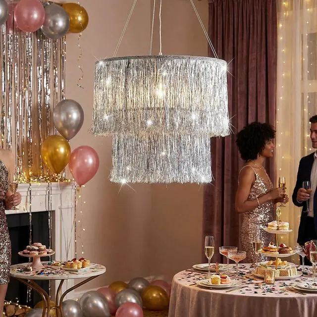 Alt view image 4 of 6 - Rossesay 2 Pcs 2 Tier Fringe Tinsel Chandelier Iridescent Foil Party Disco Ball Decor Chandelier Decoration Metallic Foil Shimmering Bachelorette Party Decor Photo Booth Supplies(Silver)