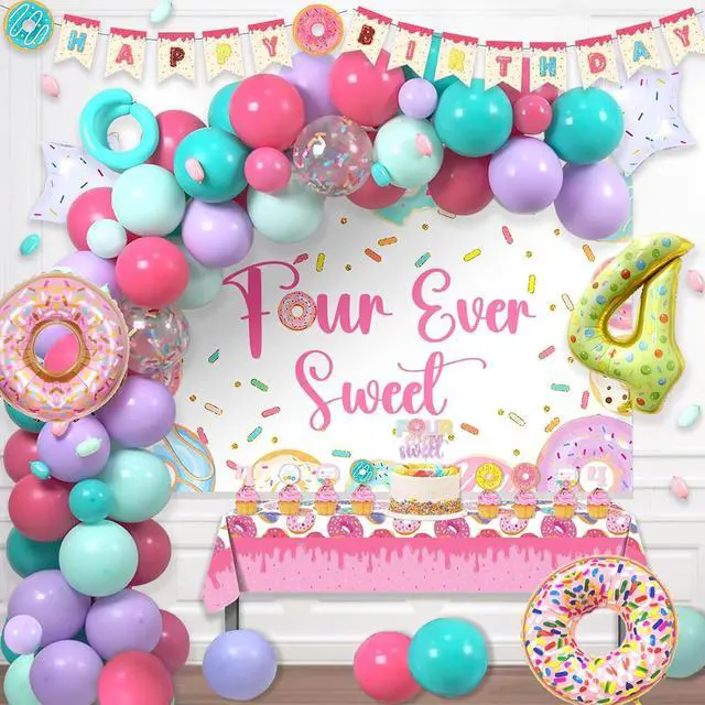 Main image of Four Ever Sweet Birthday Decorations 116 PCs Girl Donut 4th Birthday Party Supplies with Four Ever Sweet Backdrop, Pink Donut Tablecloth, Colorful Balloon Garland Arch, Cake Topper