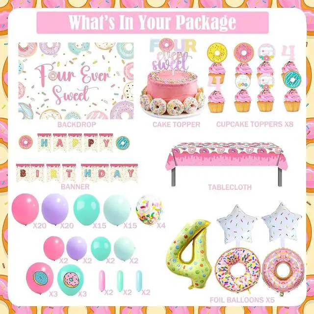 Alt view image 2 of 7 - Four Ever Sweet Birthday Decorations 116 PCs Girl Donut 4th Birthday Party Supplies with Four Ever Sweet Backdrop, Pink Donut Tablecloth, Colorful Balloon Garland Arch, Cake Topper