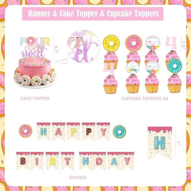 Alt view image 3 of 7 - Four Ever Sweet Birthday Decorations 116 PCs Girl Donut 4th Birthday Party Supplies with Four Ever Sweet Backdrop, Pink Donut Tablecloth, Colorful Balloon Garland Arch, Cake Topper