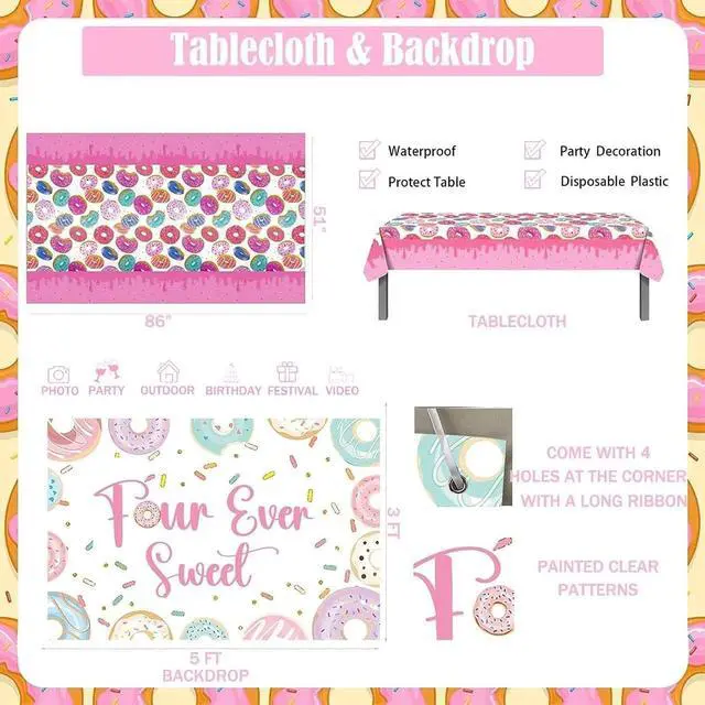 Alt view image 4 of 7 - Four Ever Sweet Birthday Decorations 116 PCs Girl Donut 4th Birthday Party Supplies with Four Ever Sweet Backdrop, Pink Donut Tablecloth, Colorful Balloon Garland Arch, Cake Topper
