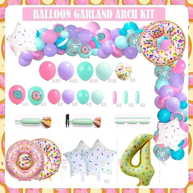 Alt view image 5 of 7 - Four Ever Sweet Birthday Decorations 116 PCs Girl Donut 4th Birthday Party Supplies with Four Ever Sweet Backdrop, Pink Donut Tablecloth, Colorful Balloon Garland Arch, Cake Topper