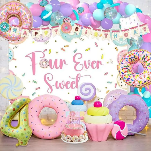 Alt view image 6 of 7 - Four Ever Sweet Birthday Decorations 116 PCs Girl Donut 4th Birthday Party Supplies with Four Ever Sweet Backdrop, Pink Donut Tablecloth, Colorful Balloon Garland Arch, Cake Topper