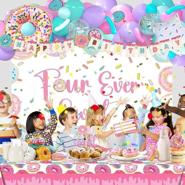 Alt view image 7 of 7 - Four Ever Sweet Birthday Decorations 116 PCs Girl Donut 4th Birthday Party Supplies with Four Ever Sweet Backdrop, Pink Donut Tablecloth, Colorful Balloon Garland Arch, Cake Topper