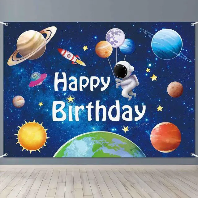 Main image of 8x6ft Space Astronaut Happy Birthday Banner Backdrop Large Solar System Planets Rocket Photography Background for Boys Outer Space Theme Birthday Party Decorations Supplies