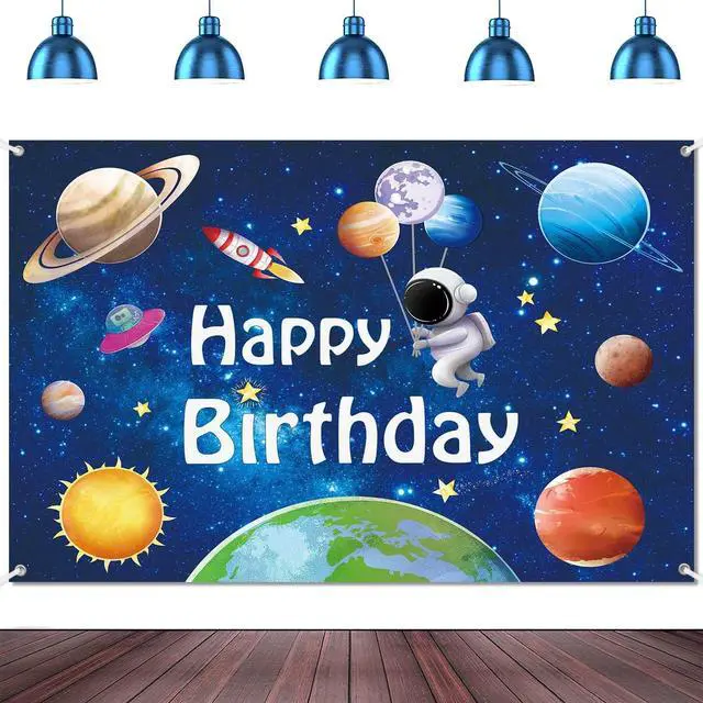Alt view image 2 of 7 - 8x6ft Space Astronaut Happy Birthday Banner Backdrop Large Solar System Planets Rocket Photography Background for Boys Outer Space Theme Birthday Party Decorations Supplies