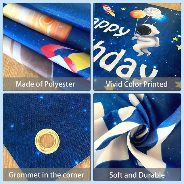Alt view image 4 of 7 - 8x6ft Space Astronaut Happy Birthday Banner Backdrop Large Solar System Planets Rocket Photography Background for Boys Outer Space Theme Birthday Party Decorations Supplies