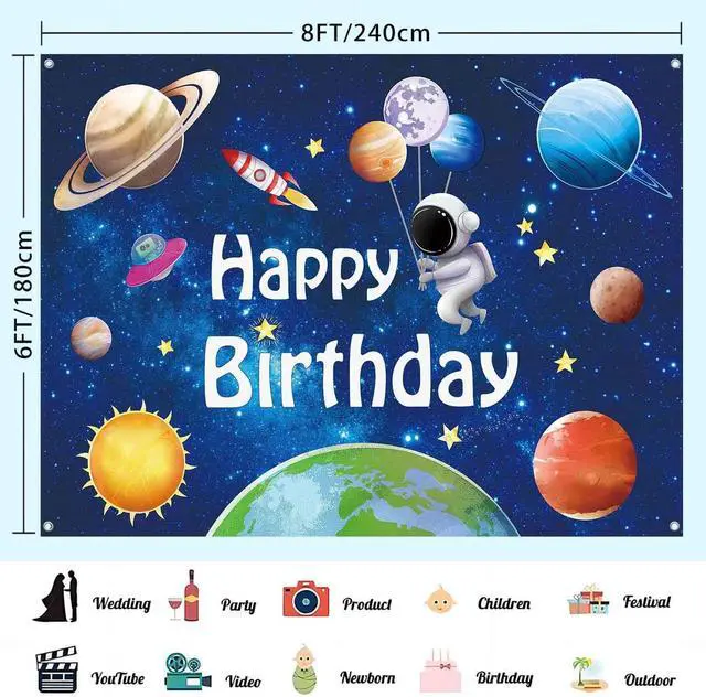 Alt view image 3 of 7 - 8x6ft Space Astronaut Happy Birthday Banner Backdrop Large Solar System Planets Rocket Photography Background for Boys Outer Space Theme Birthday Party Decorations Supplies