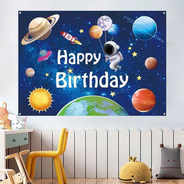 Alt view image 5 of 7 - 8x6ft Space Astronaut Happy Birthday Banner Backdrop Large Solar System Planets Rocket Photography Background for Boys Outer Space Theme Birthday Party Decorations Supplies