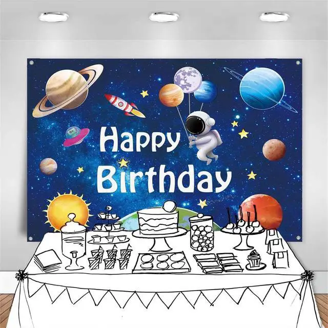 Alt view image 6 of 7 - 8x6ft Space Astronaut Happy Birthday Banner Backdrop Large Solar System Planets Rocket Photography Background for Boys Outer Space Theme Birthday Party Decorations Supplies