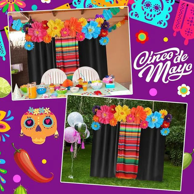 Alt view image 7 of 7 - Tingjoo 19 Pcs Mexican Fiesta Decorations Set Mexican Paper Flowers Polyester Backdrop Curtains Backdrop Fiesta Party Decorations Supplies Set for Cinco De Mayo Party Wedding Birthday(Black,Flower)