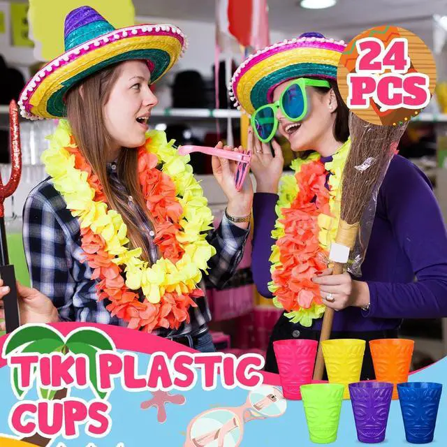Alt view image 5 of 7 - Domensi 24 Pack Tiki Plastic Cups Bulk 10oz Hawaiian Cups Hard Plastic Material Tiki Statue Drinking Cup for Summer Luau Party Drinkware Supplies