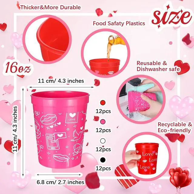 Alt view image 2 of 7 - Meanplan 48 Pcs Valentines Plastic Cups Heart Reusable Cups 16 oz Valentines Cups for Holiday Party Supplies(16oz,Charming)
