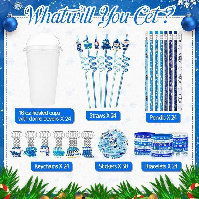 Alt view image 3 of 6 - Seenelling 24 Set Winter Holiday Stationery Party Favors for Students Xmas Gift Cups Filler with Keychain Pencil Straw Silicone Bracelet for Christmas Stocking Stuffers Classroom Exchange Gift