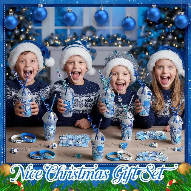 Alt view image 2 of 6 - Seenelling 24 Set Winter Holiday Stationery Party Favors for Students Xmas Gift Cups Filler with Keychain Pencil Straw Silicone Bracelet for Christmas Stocking Stuffers Classroom Exchange Gift