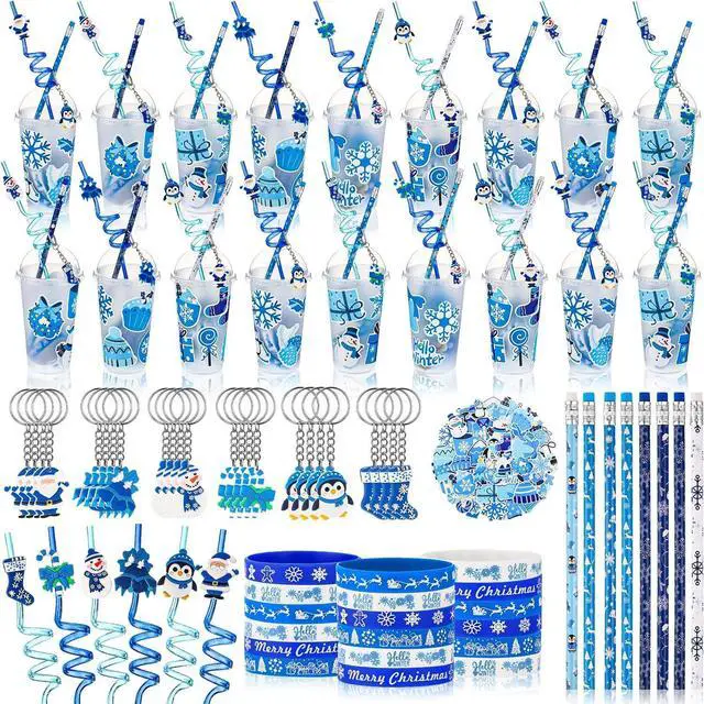 Main image of Seenelling 24 Set Winter Holiday Stationery Party Favors for Students Xmas Gift Cups Filler with Keychain Pencil Straw Silicone Bracelet for Christmas Stocking Stuffers Classroom Exchange Gift
