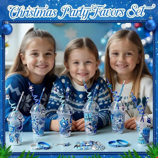 Alt view image 4 of 6 - Seenelling 24 Set Winter Holiday Stationery Party Favors for Students Xmas Gift Cups Filler with Keychain Pencil Straw Silicone Bracelet for Christmas Stocking Stuffers Classroom Exchange Gift