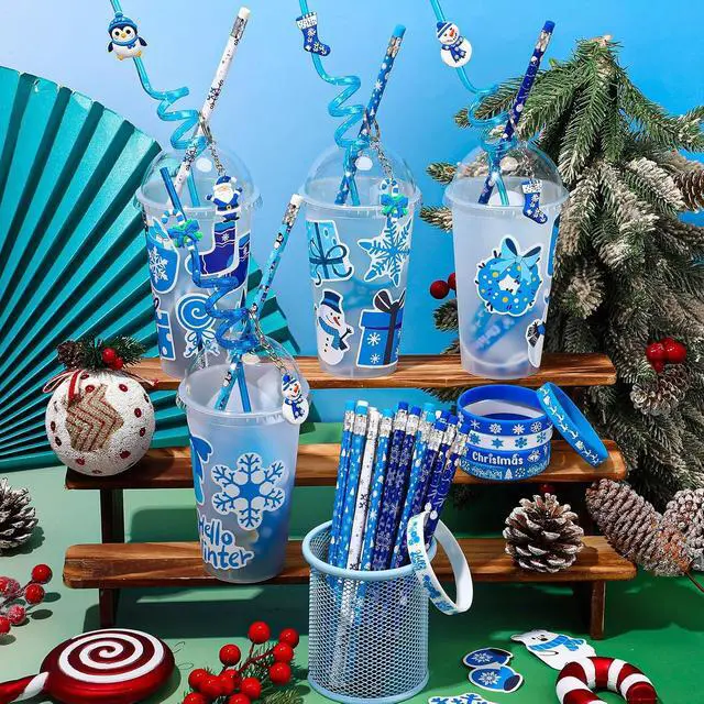 Alt view image 5 of 6 - Seenelling 24 Set Winter Holiday Stationery Party Favors for Students Xmas Gift Cups Filler with Keychain Pencil Straw Silicone Bracelet for Christmas Stocking Stuffers Classroom Exchange Gift