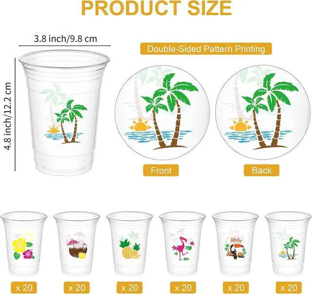 Alt view image 2 of 7 - Kochorie 120 Pieces 16oz Hawaii Plastic Cups Hawaiian Luau Party Disposable Plastic Cups Tropical Hibiscus Drinking Cups Pineapple Tropical Wine Glasses for Tiki and Summer Beach Pool Party Supplies