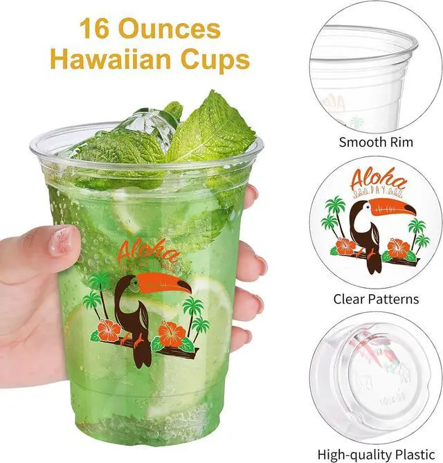 Alt view image 3 of 7 - Kochorie 120 Pieces 16oz Hawaii Plastic Cups Hawaiian Luau Party Disposable Plastic Cups Tropical Hibiscus Drinking Cups Pineapple Tropical Wine Glasses for Tiki and Summer Beach Pool Party Supplies