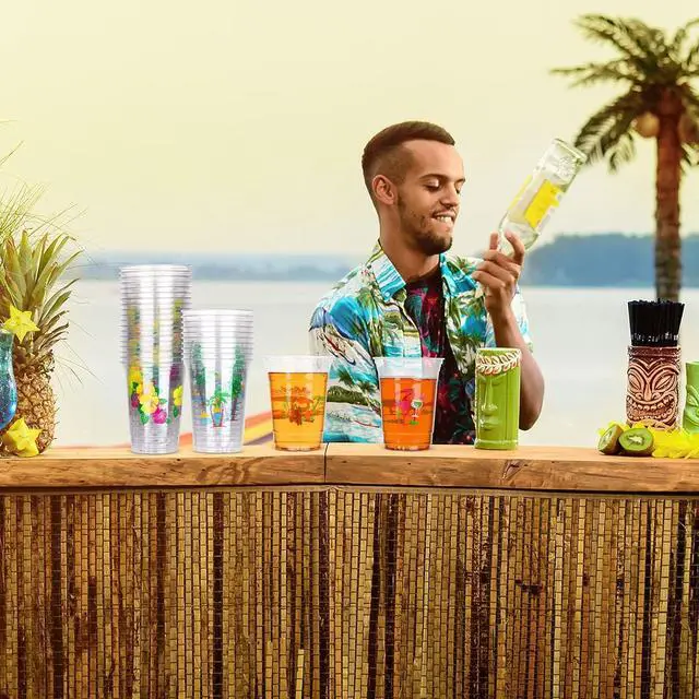Alt view image 6 of 7 - Kochorie 120 Pieces 16oz Hawaii Plastic Cups Hawaiian Luau Party Disposable Plastic Cups Tropical Hibiscus Drinking Cups Pineapple Tropical Wine Glasses for Tiki and Summer Beach Pool Party Supplies